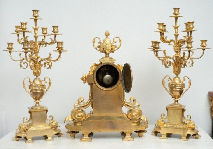 antique french napoleon iii clock candleholders in gilded bronze 19th century set of 3 9