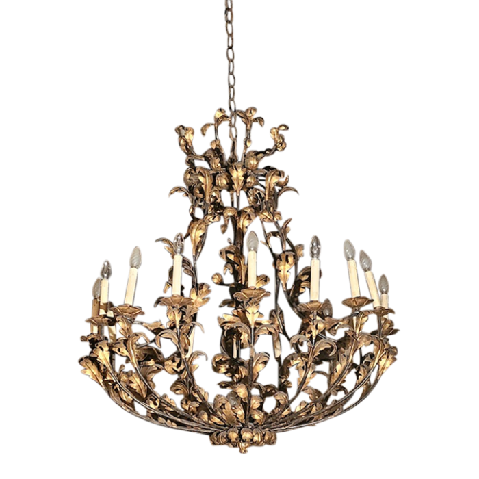 antique hand carved chandelier wrought iron brass color leaf motif 15 lights dated early 1900 0963