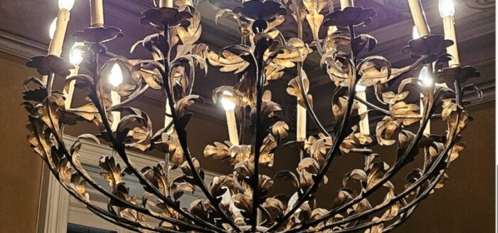 antique hand carved chandelier wrought iron brass color leaf motif 15 lights dated early 1900 7804