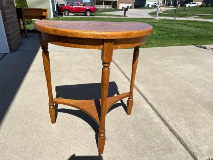 antique handmade solid oak 2 tier half moon demilune hallway entry table 5586