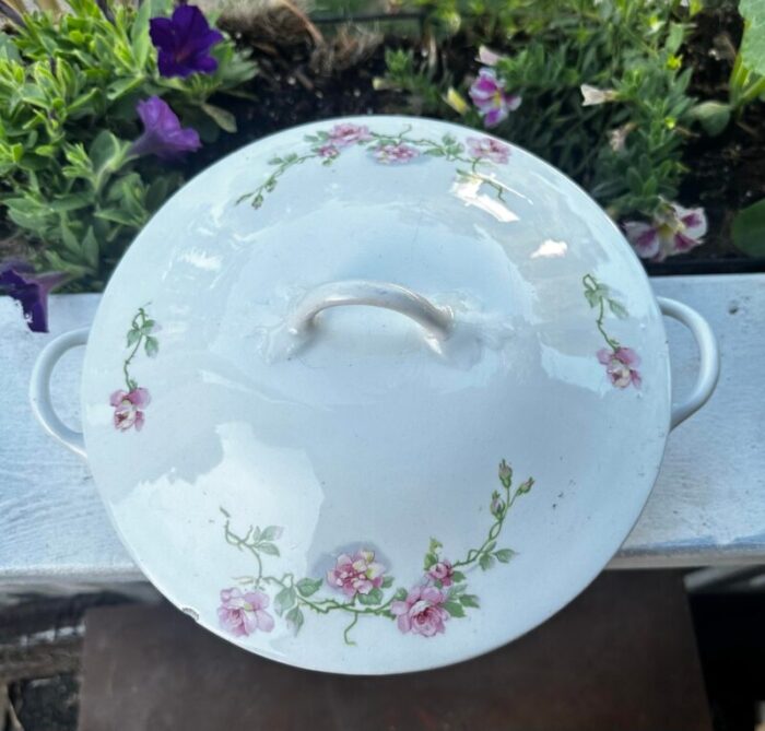 antique hr wyllie oval covered vegetable serving dish pink roses tureen 8378