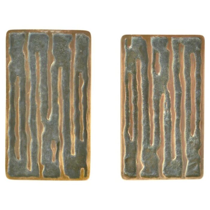 architectural bronze square push pull door handles with wave relief 1970s set of 2 1