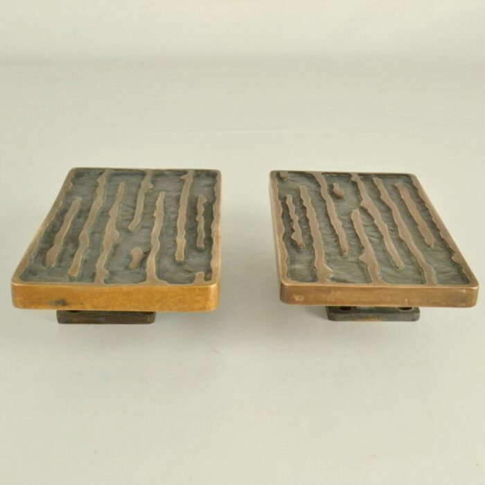 architectural bronze square push pull door handles with wave relief 1970s set of 2 2