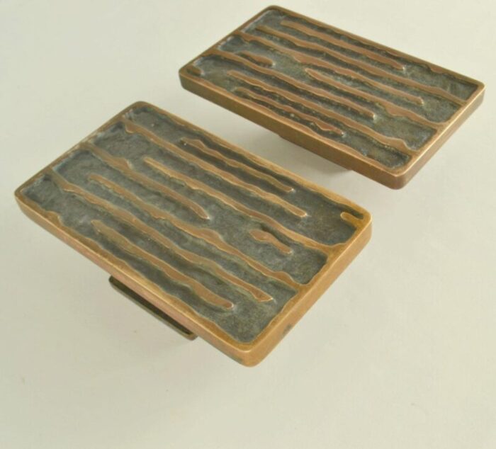 architectural bronze square push pull door handles with wave relief 1970s set of 2 3