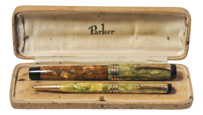 art deco duofold marbleised fountain pen and pencil set in original parker box from parker 1930s set of 2 7430