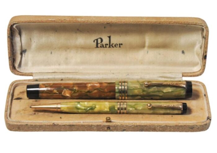 art deco duofold marbleised fountain pen and pencil set in original parker box from parker 1930s set of 2 7501