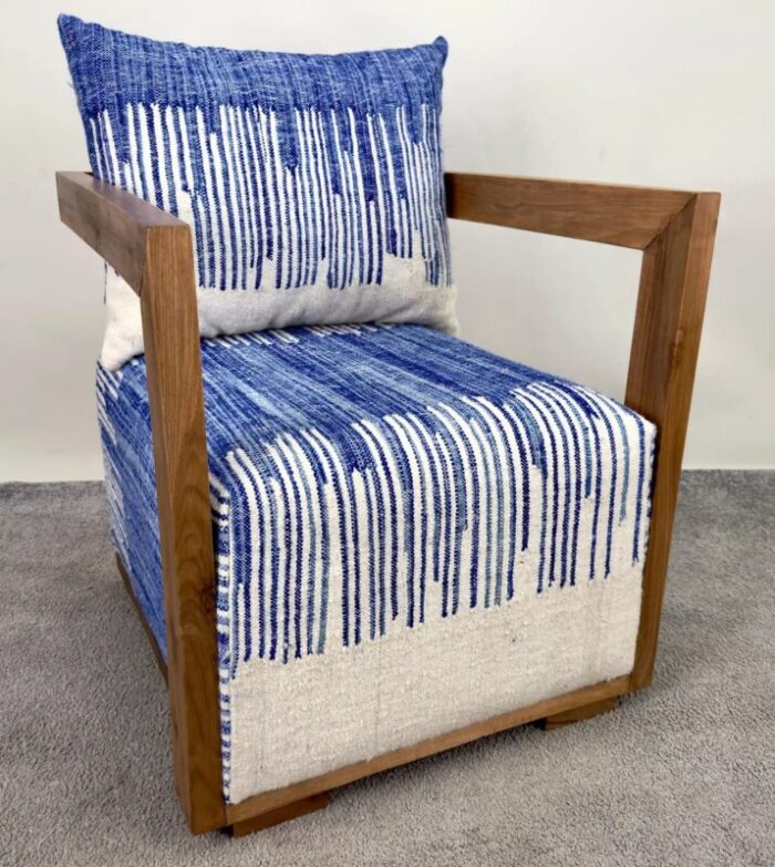 art deco style walnut lounge chair with blue and white boucle fabric 2335