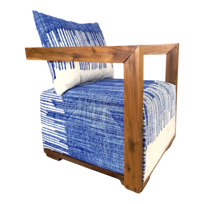 art deco style walnut lounge chair with blue and white boucle fabric 7092