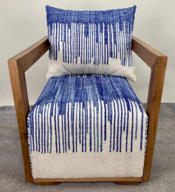 art deco style walnut lounge chair with blue and white boucle fabric 8439