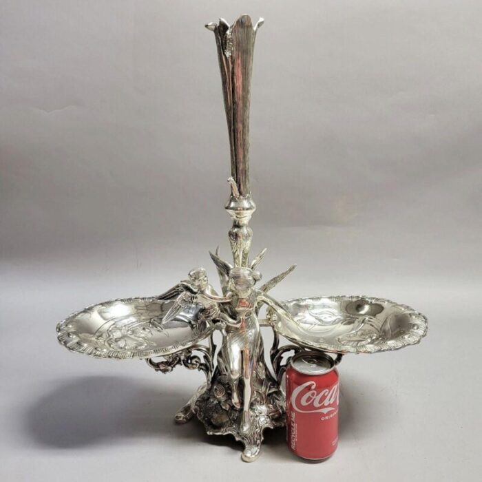 art nouveau silverplated epergne with fairy and cherub 2994