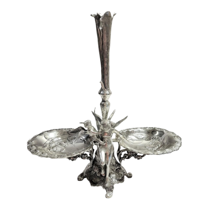 art nouveau silverplated epergne with fairy and cherub 3543