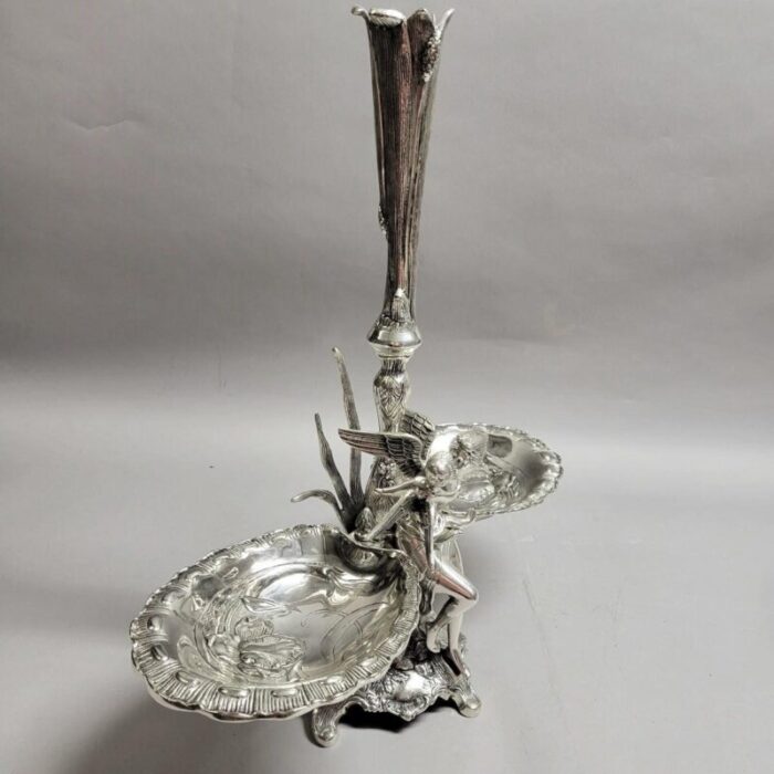 art nouveau silverplated epergne with fairy and cherub 3830