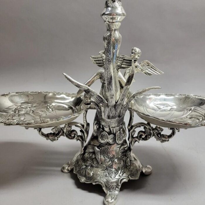 art nouveau silverplated epergne with fairy and cherub 5138