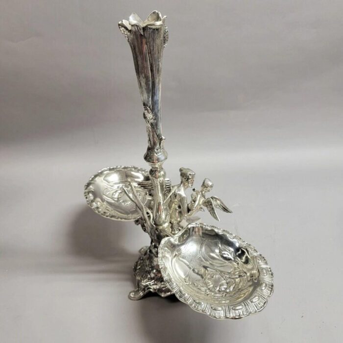 art nouveau silverplated epergne with fairy and cherub 5554