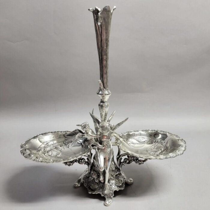 art nouveau silverplated epergne with fairy and cherub 6426