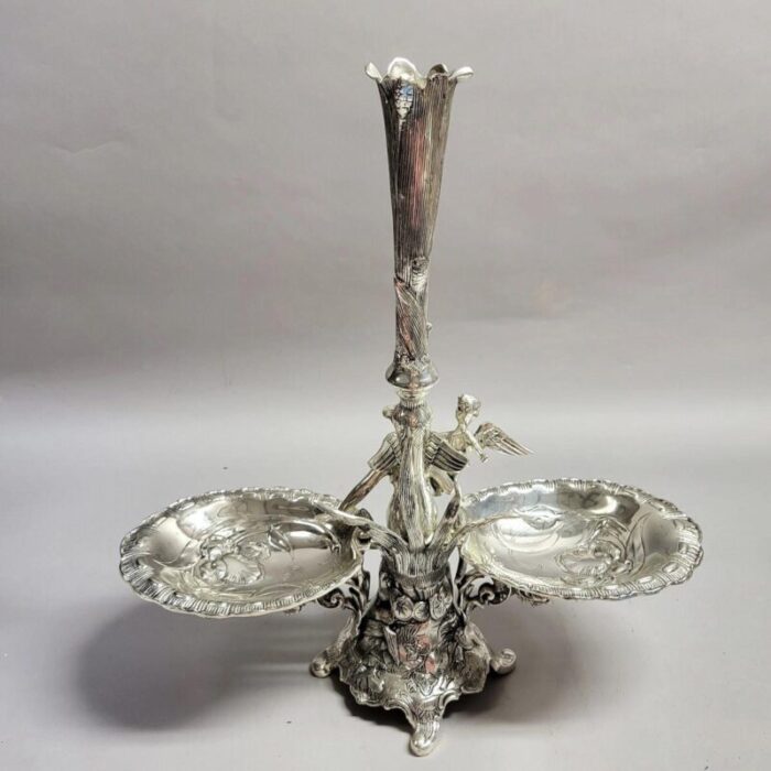 art nouveau silverplated epergne with fairy and cherub 7283