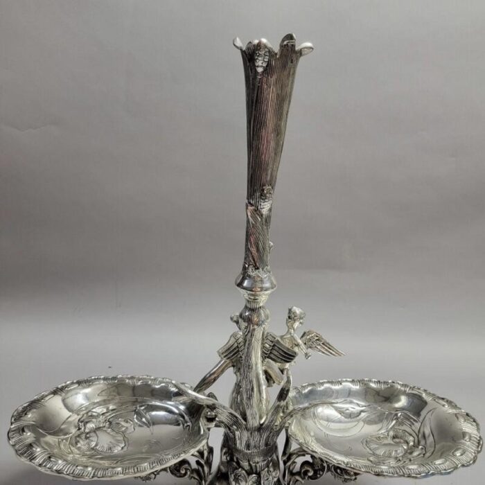 art nouveau silverplated epergne with fairy and cherub 7508