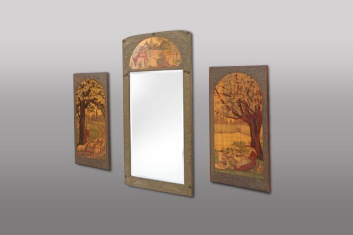 art nouveau triptych with mirror and panels in painted wood marquetry france 1910 set of 3 1251