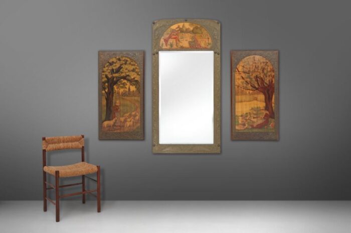 art nouveau triptych with mirror and panels in painted wood marquetry france 1910 set of 3 1924