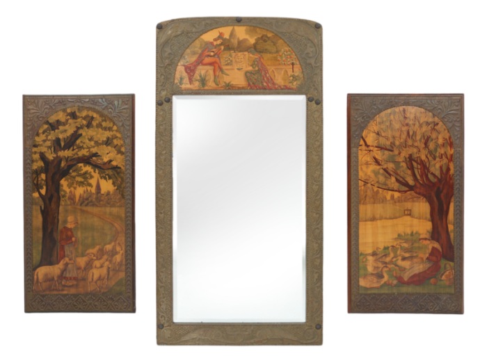 art nouveau triptych with mirror and panels in painted wood marquetry france 1910 set of 3 4994