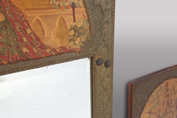 art nouveau triptych with mirror and panels in painted wood marquetry france 1910 set of 3 4998