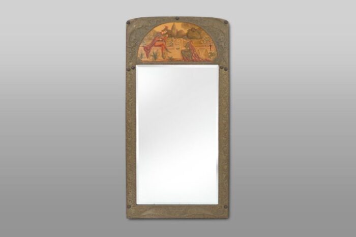 art nouveau triptych with mirror and panels in painted wood marquetry france 1910 set of 3 8197