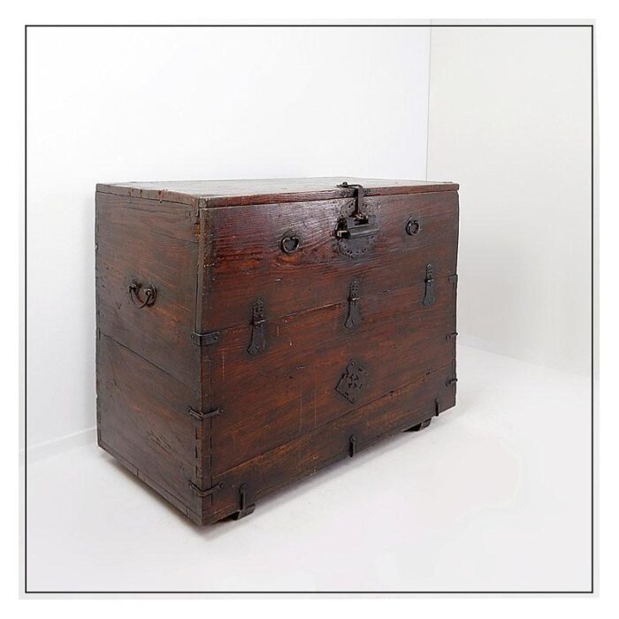 asian wooden chest with decorative fittings 3971