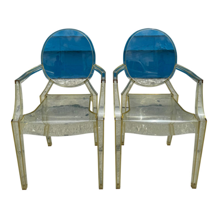 authentic pair of philippe starck for knoll yellow louis ghost arm chairs 2802