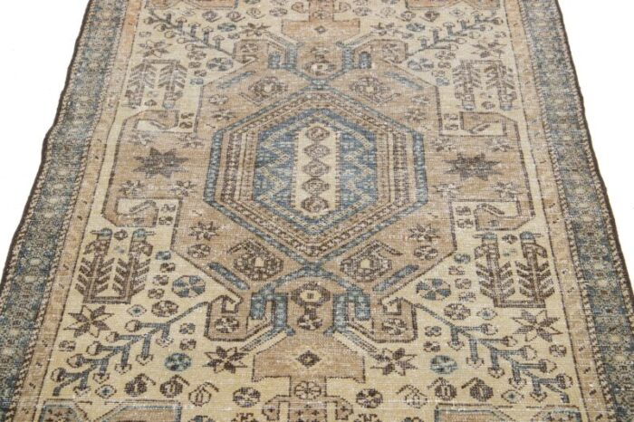 beige vintage persian distressed wool rug with allover pattern 3296