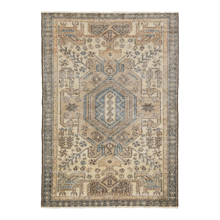 beige vintage persian distressed wool rug with allover pattern 4278