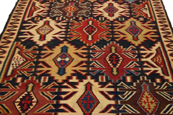 blue vintage turkish kilim wool rug with allover geometric design 0989