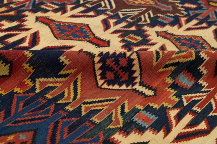 blue vintage turkish kilim wool rug with allover geometric design 3074