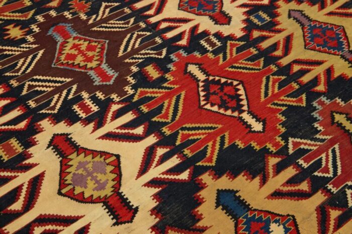 blue vintage turkish kilim wool rug with allover geometric design 3383