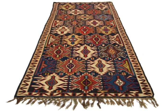 blue vintage turkish kilim wool rug with allover geometric design 4763