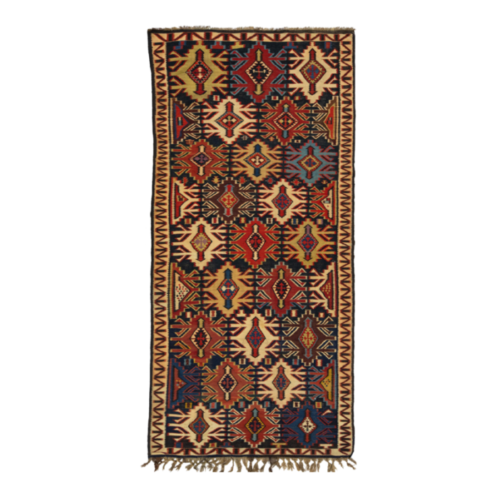 blue vintage turkish kilim wool rug with allover geometric design 5138