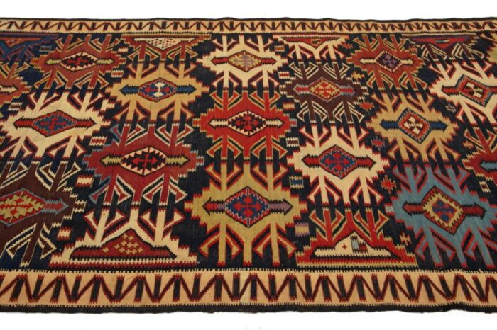 blue vintage turkish kilim wool rug with allover geometric design 5171