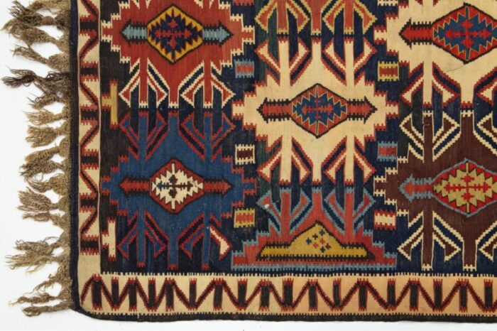 blue vintage turkish kilim wool rug with allover geometric design 7569