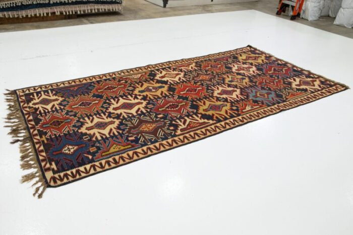 blue vintage turkish kilim wool rug with allover geometric design 8939