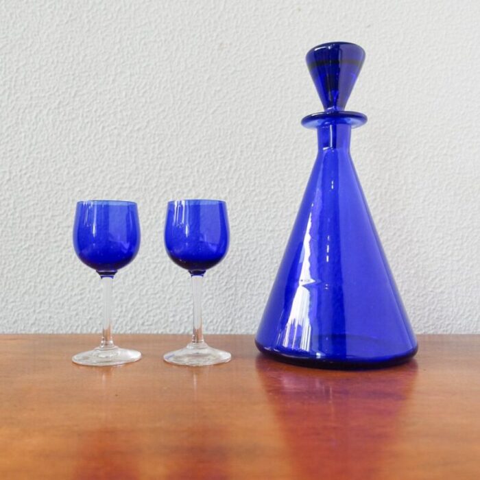 bottle and glasses in cobalt blue attributed to marinha grande 1950s set of 3 1