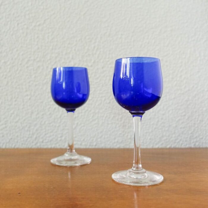 bottle and glasses in cobalt blue attributed to marinha grande 1950s set of 3 11