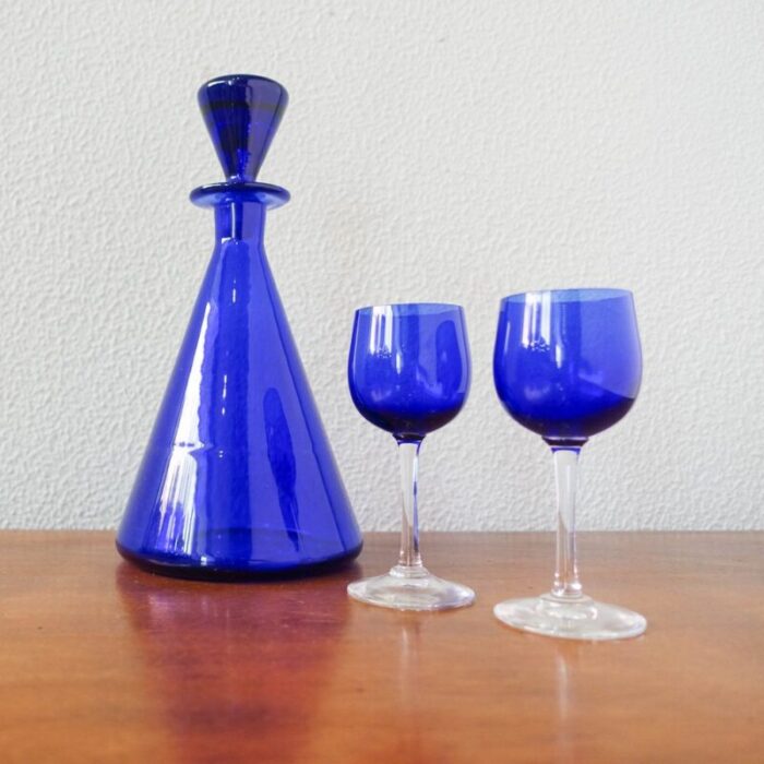 bottle and glasses in cobalt blue attributed to marinha grande 1950s set of 3 2