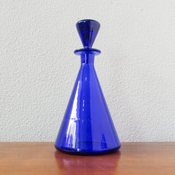 bottle and glasses in cobalt blue attributed to marinha grande 1950s set of 3 3