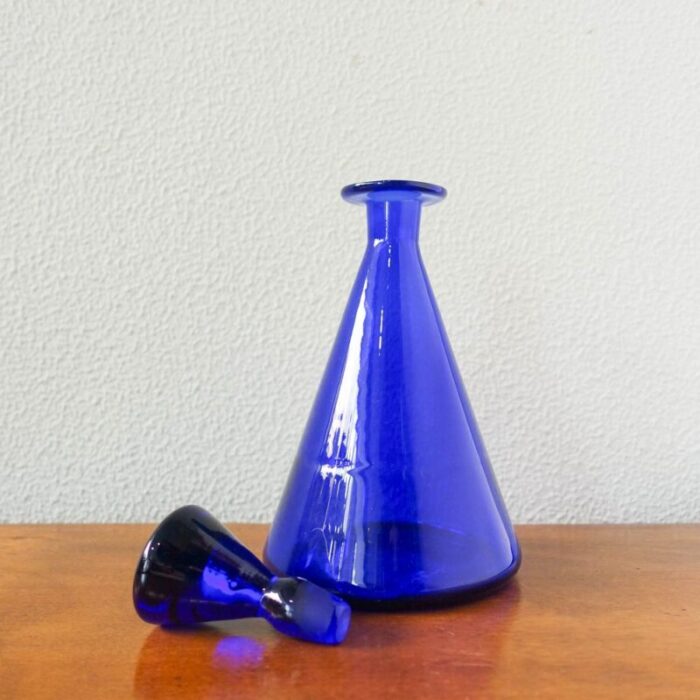 bottle and glasses in cobalt blue attributed to marinha grande 1950s set of 3 4