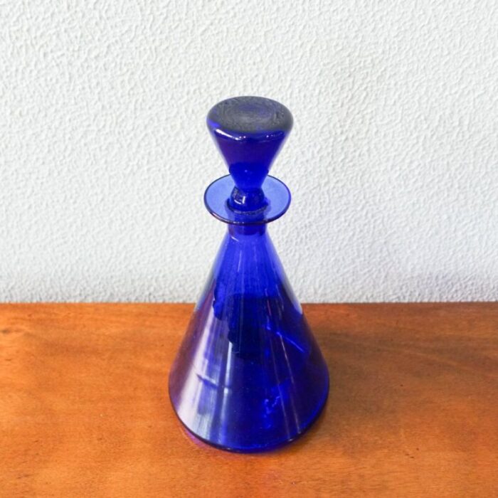 bottle and glasses in cobalt blue attributed to marinha grande 1950s set of 3 5