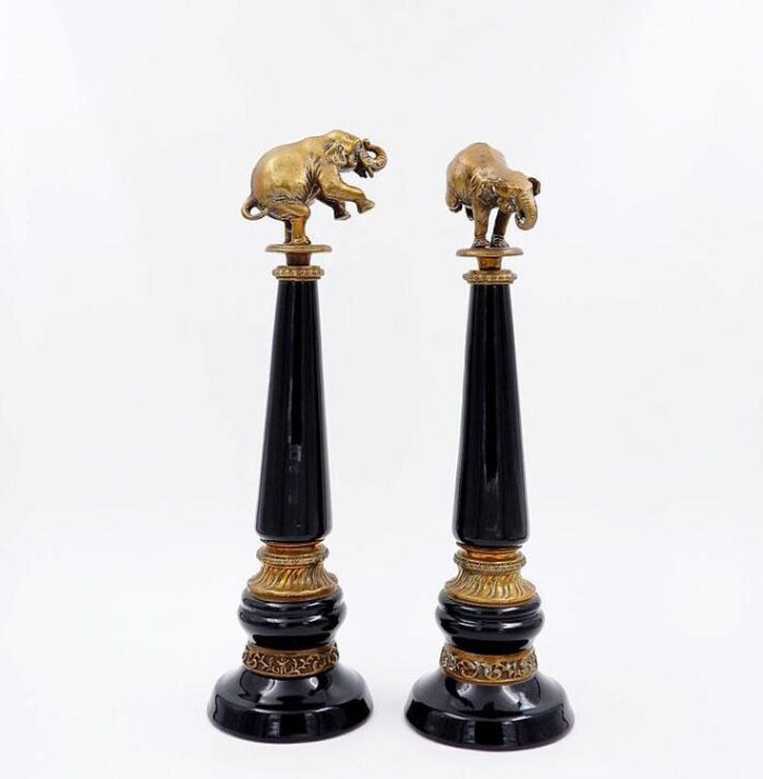 bronze elephants on porcelain columns with bronze borders by wong lee set of 2 0870