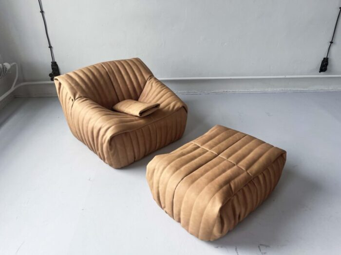 camel leather sandra armchair and pouf attributed to annie hieronimus for cinna ligne roset 1973 set of 2 6583