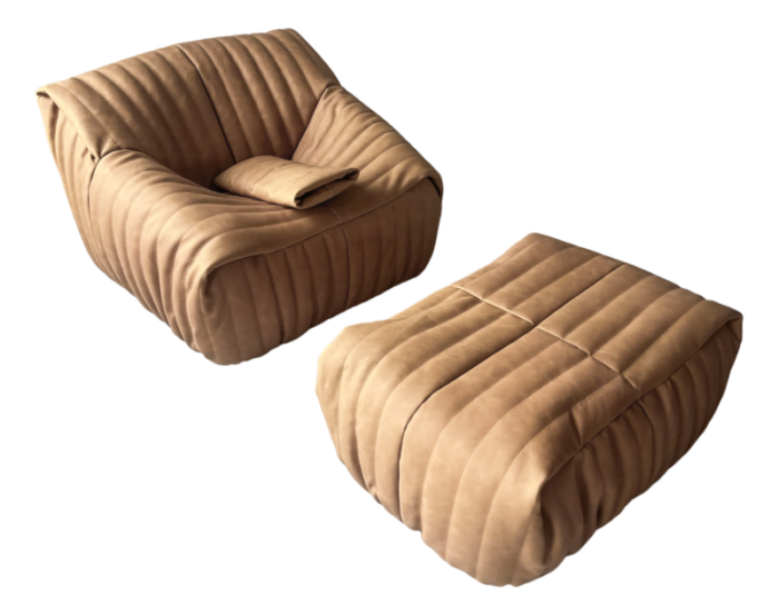 camel leather sandra armchair and pouf attributed to annie hieronimus for cinna ligne roset 1973 set of 2 9129