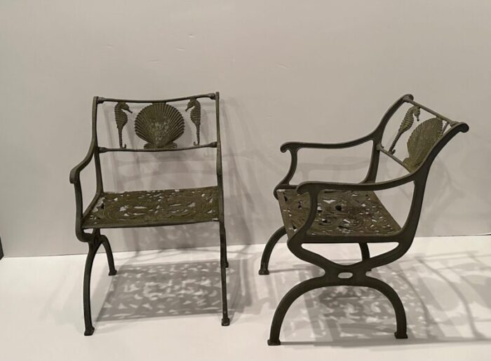 cast aluminum garden chairs with seahorse and shell decoration a pair 5166