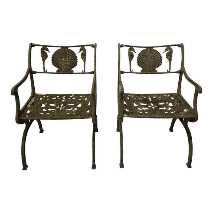 cast aluminum garden chairs with seahorse and shell decoration a pair 9621