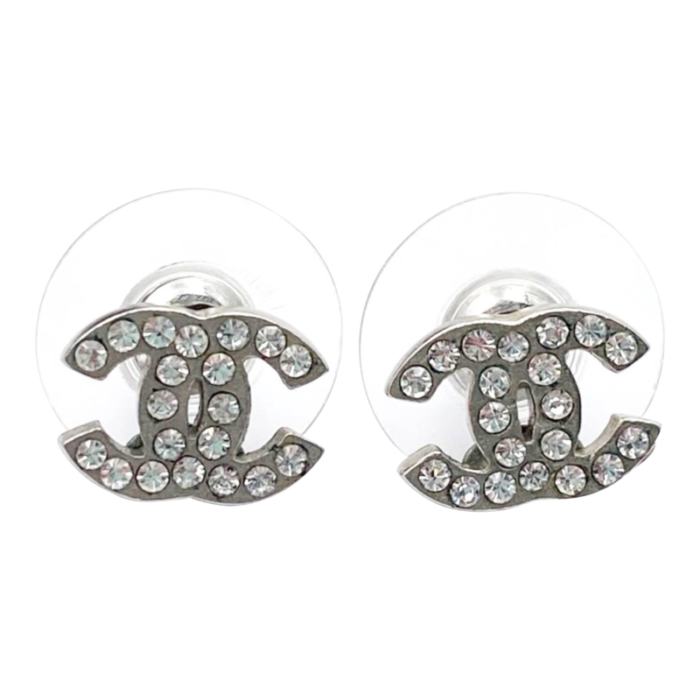 chanel classic silver cc crystal small piercing earrings 2 pieces 0449